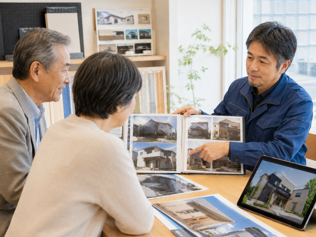 施工事例を見ながら外壁塗装を検討する様子