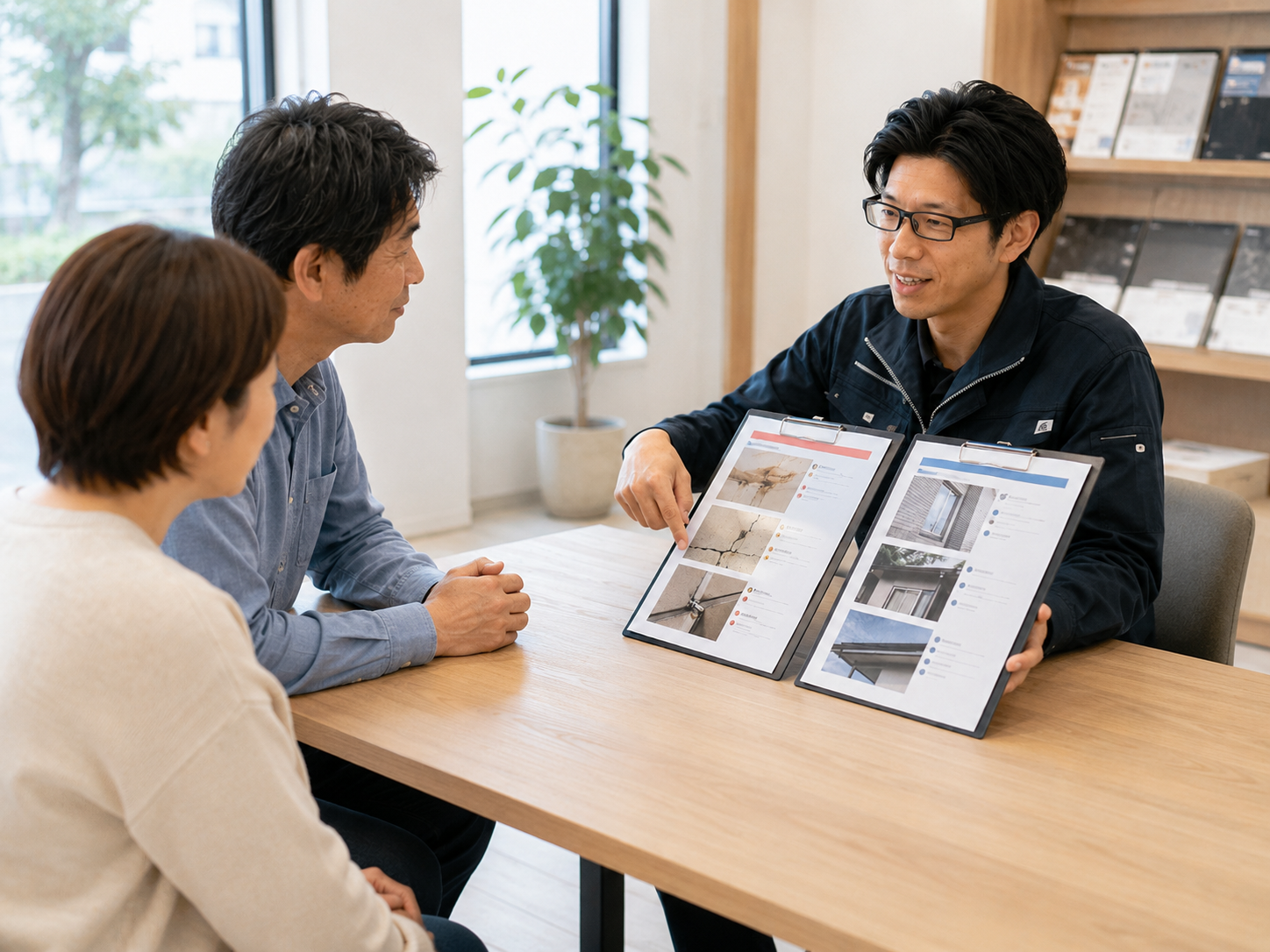 必要な工事と今すぐ必要ではない工事を分けて説明する様子