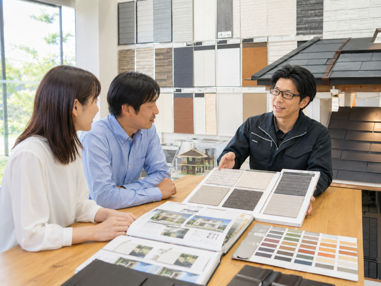 ショールームで外壁塗装の色や資料を見ながら相談する様子