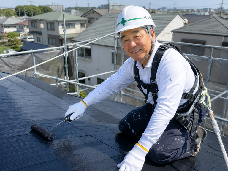 屋根塗装の作業を行うハヤックの職人